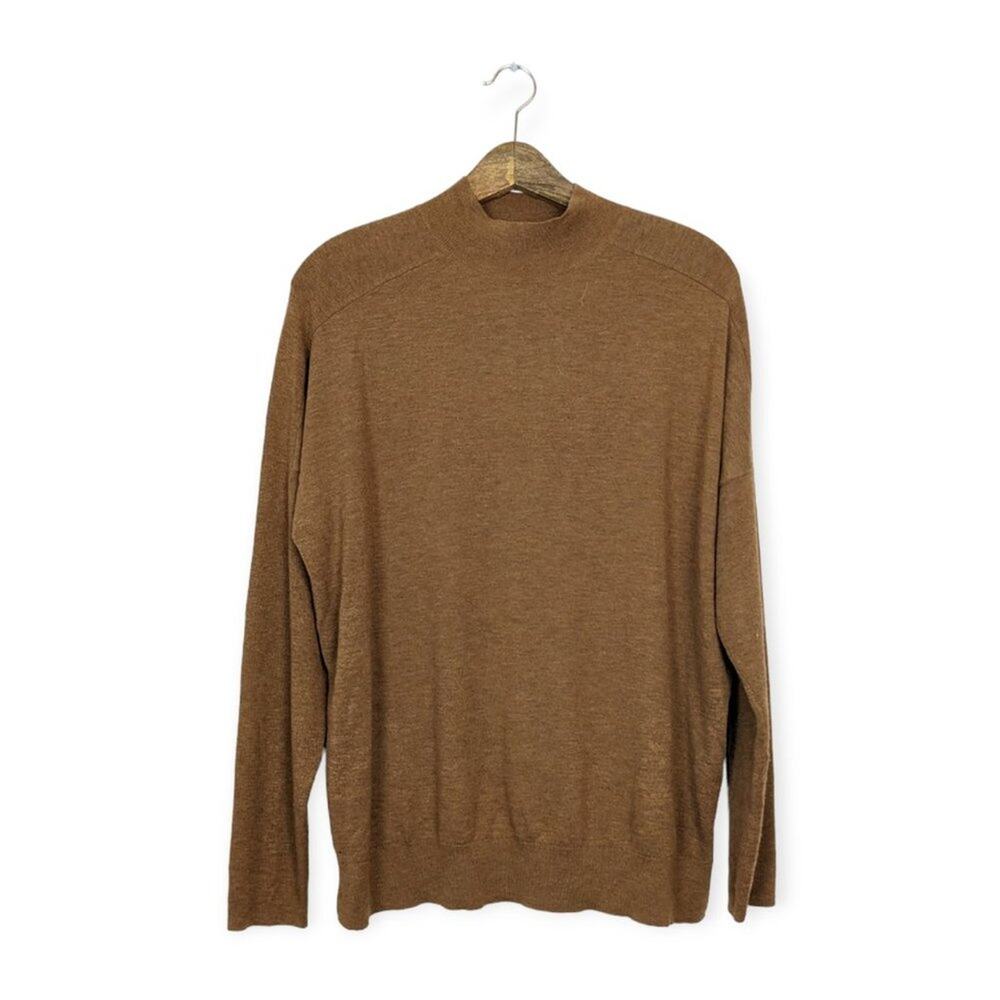 Warehouse UK Sweater 12 Brown Mock Neck Wool Blend Knit Long Sleeve Cozy Casual